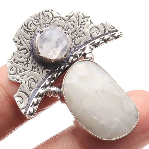 Rainbow Moonstone Crescent Moon Silver Plated Antique Style Pendant Size 1.6" - Picture 3 of 5